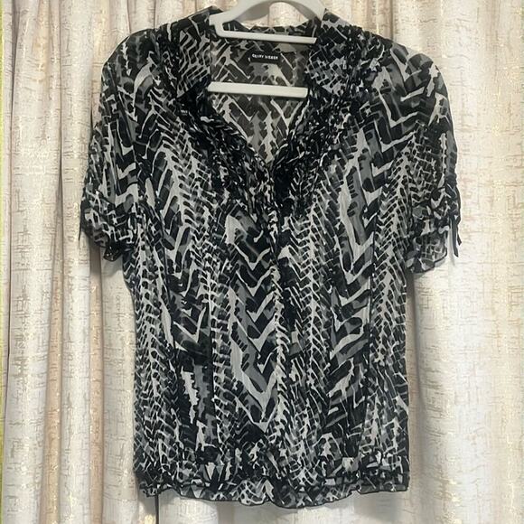 Gerry Weber Button Down Blouse Black White Sequin Ruffle Top Women's Size 10 :)! - Picture 1 of 8